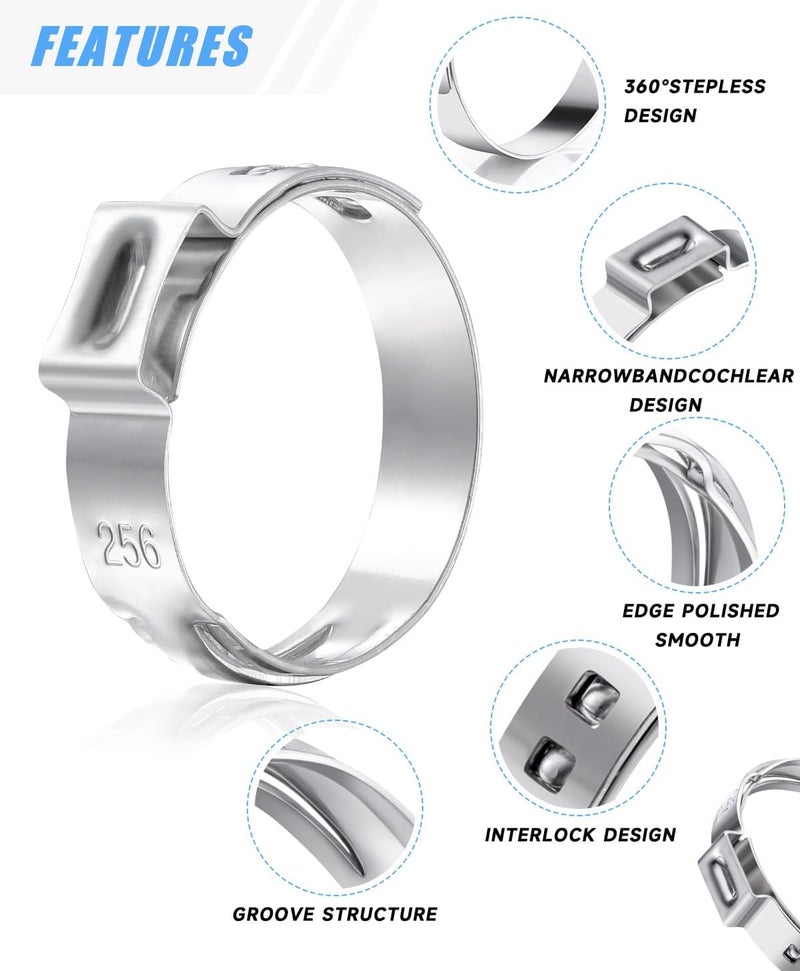 PEROMI 170 Pcs 304 Stainless Steel Single Ear Hose Clamp with Ear Clamp Pincer, 11 Sizes 1/4-1 Inch Constant Crimp Stepless Cinch Rings Crimp Assortment Kit for Water Pipe By - Image 2